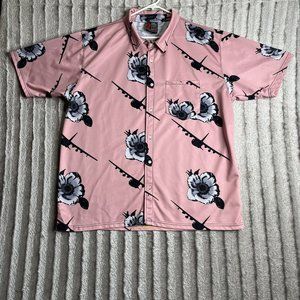 OAF Nation Button Up Hawaiian Shirt Men’s 3XL Pink Floral‎ Airplanes